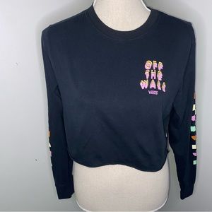 Vans Off The Wall graphic black long sleeve crop raw hem tee shirt size XS